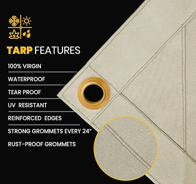 PROTARP Heavy Duty 14 OZ Water Resistant Canvas Tarp, UV Resistant Tarpaulin Cover with Rustproof Brass Grommets, Multipurpose for Canopy, Roof, Camping, Woodpile (Off White 30'X30')