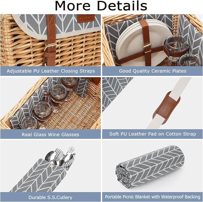 Luxury Picnic Basket, Wicker Picnic Basket Set for 4, Picnic Basket with Blanket & Portable Table for Camping and Outdoor Party - Gray