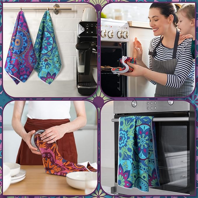 Boyiee Set of 6 Mandala Kitchen Towels Absorbent Boho Dish Towels 24 x 16 Inches Multicolor Hand Dishcloths Mandala Lover Gifts for Farmhouse Kitchen Bathroom Decorations