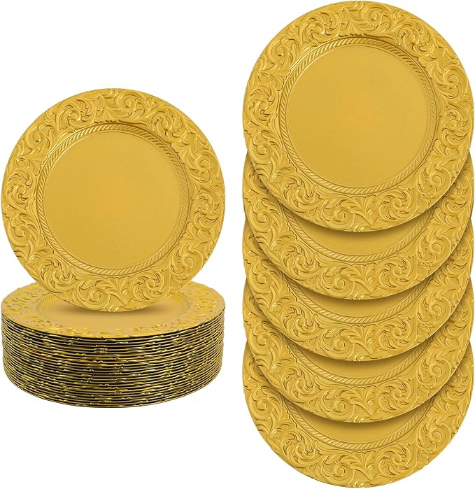 50 Pcs Gold Charger Plates Bulk, 13" Round Plastic Embossed Charger Plates, Decorative Table Dinner Chargers for Thanksgiving, Halloween, Wedding, Party, Christmas, Decor (Gold)