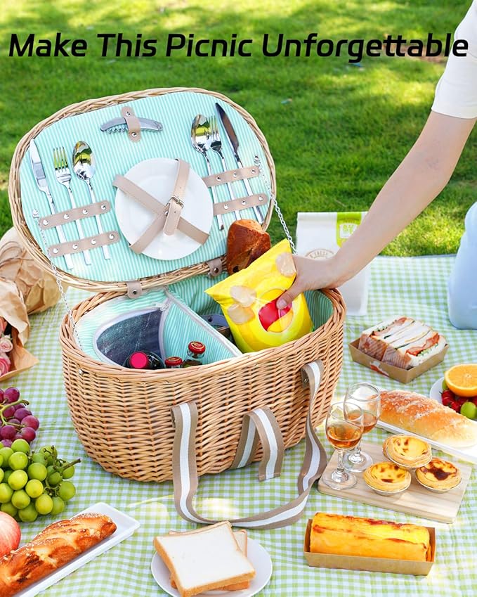 Picnic Basket for 2, Extra Large Wicker Picnic Basket Insulated, Handwoven Vintage Willow Picnic Set, 2 partitions, 8.4 Gal, Portable Camping, Outdoor, Couples Wedding Gifts, Date, Natural