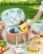 Picnic Basket for 2, Extra Large Wicker Picnic Basket Insulated, Handwoven Vintage Willow Picnic Set, 2 partitions, 8.4 Gal, Portable Camping, Outdoor, Couples Wedding Gifts, Date, Natural
