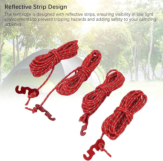 4 Pack Tent Guy Lines with Tensioners, 13ft Reflective Camping Rope, Adjustable Tent Tie Down Ropes for Canopy, Hiking, Backpacking, Outdoor Shelter