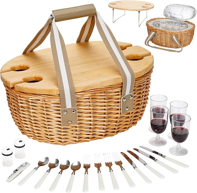 STBoo Picnic Basket for 4 - Wicker Picnic Set with Wine Table | Willow Basket Kit with Insulated Cooler Bag for Camping, Outdoor, Christmas, Party (Beige)