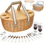 STBoo Picnic Basket for 4 - Wicker Picnic Set with Wine Table | Willow Basket Kit with Insulated Cooler Bag for Camping, Outdoor, Christmas, Party (Beige)