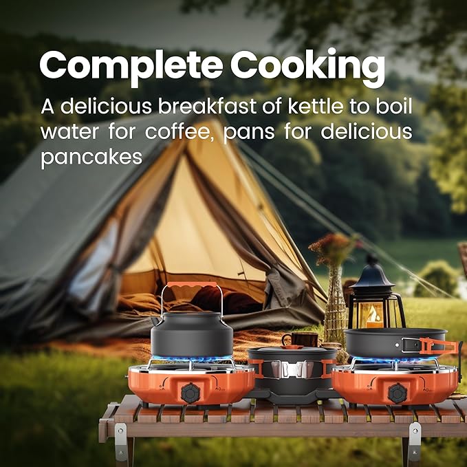 Propane 2 Burner Camping Stove Kit with Camping Cookware, Outdoor Folding Propane Gas Stove, Camp Portable Stove and Camping Cooking Set, With 20,000 Total BTUs for BBQ, Tailgating, Camping