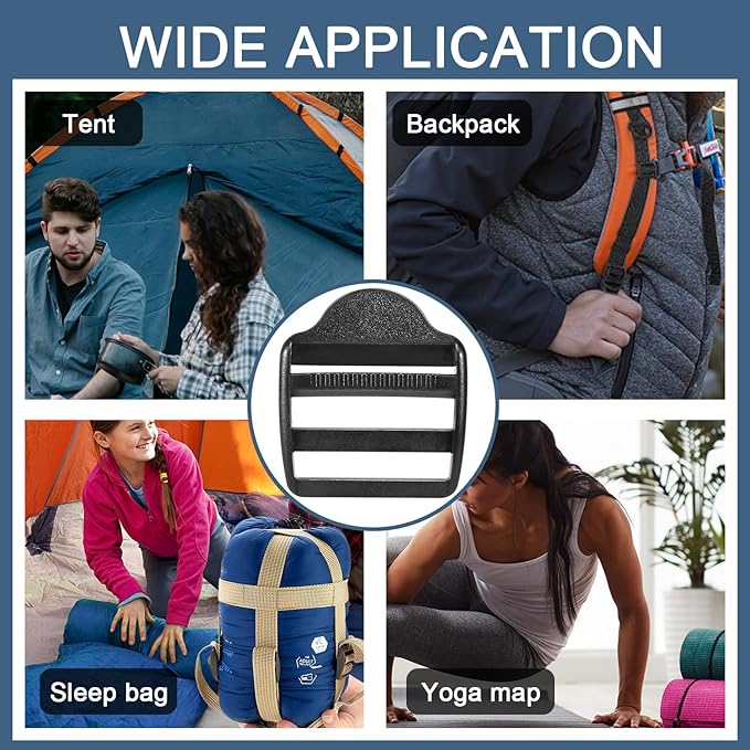 CooBigo 10 Pack Plastic Ladder Lock Buckles, 2" Ladder Slider Buckle for Backpack Strap Nylon Webbing Clip Replacement, Outdoor Camping Gear Sleeping Bag Tent Tie Down Strap Accessories (Black)