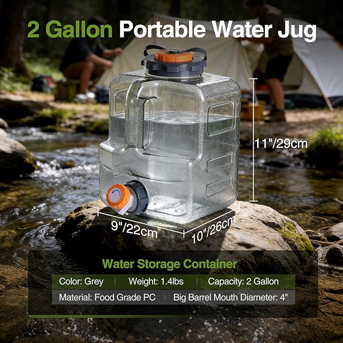 RedSwing 2.1 Gallon BPA Free Water Container, Portable Water Storage Tank with Spigot for Outdoor Camping Travel Hiking, PC Food Grade Thickened Bucket, Grey, 8L