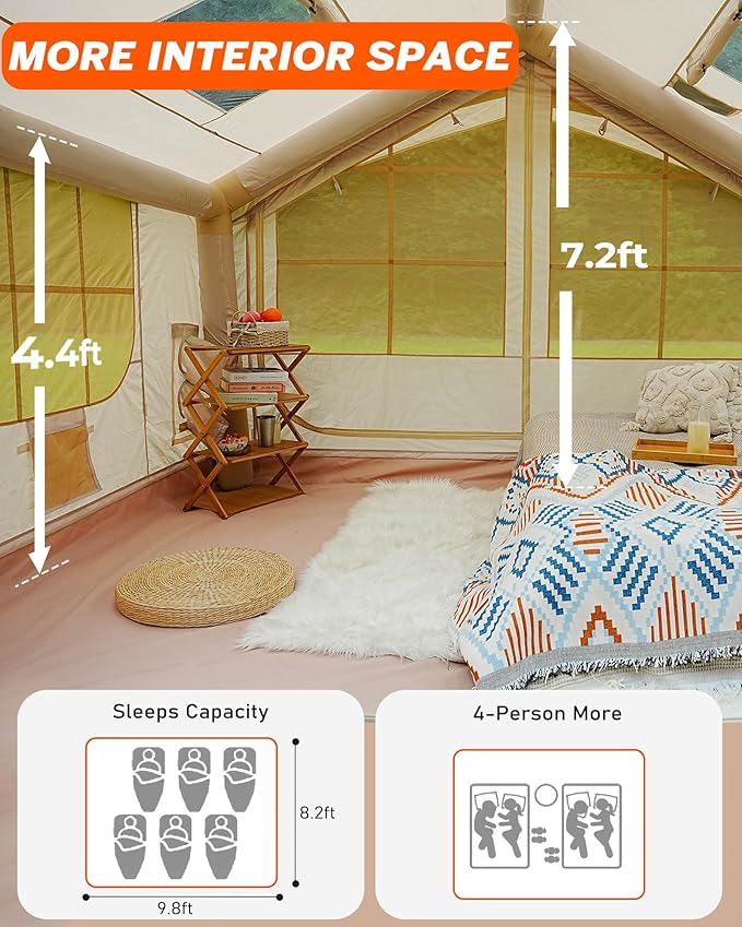 Inflatable Tent for Camping with Pump, 4-6 Person Extra-Space Blow up Tent, 420D Waterproof Oxford Glamping Air for Family, 4 Season Inflatable House