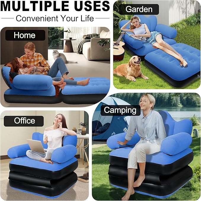 Blow Up Pull Out Couch with Headboard,Inflatable Couch with Flocked Surface,Folding Inflatable Chair for Adults,Portable Air Sofa Bed,Durable Air Couches,Inflatables couches for Camping-2pcs