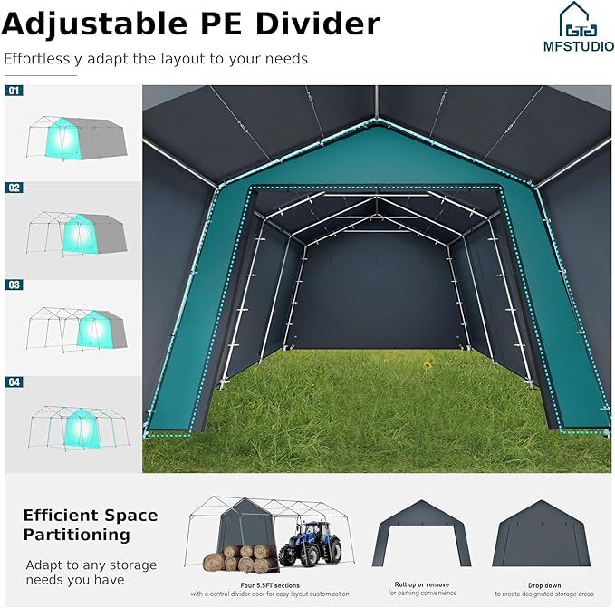MFSTUDIO 13x22 Heavy Duty Carport, Outdoor Shades Portable Storage Shelter Garage with Rolled up Zipper Doors, Extra Large Car Canopy Tent with Roll-up Sidewalls for Boat Truck Party