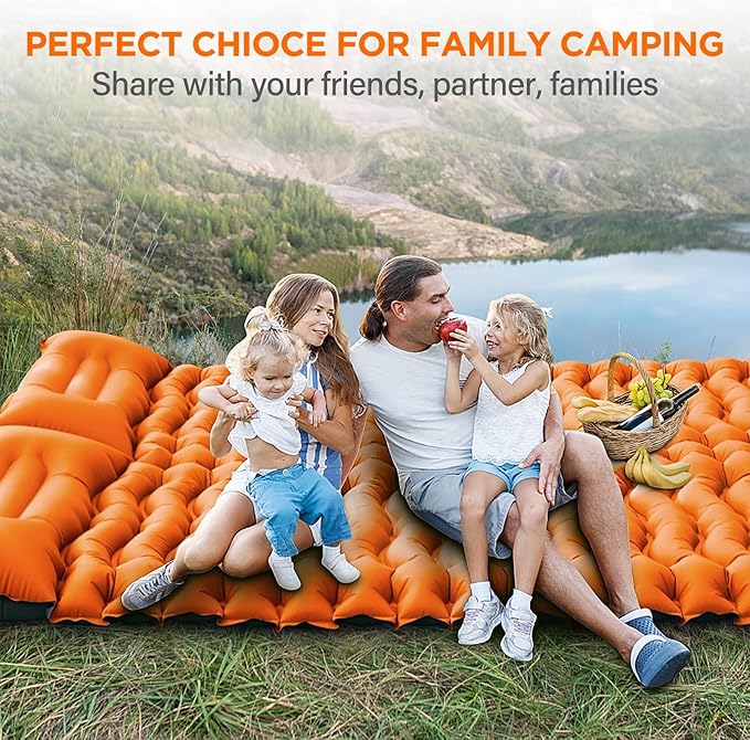 Double Sleeping Pad for Camping, 4" Extra Thick Self-Inflating Air Mattress - 2 Person Inflatable Camping Mat with Built-in Foot Pump & Pillow, Backpacking Hiking Tent Travel-Orange
