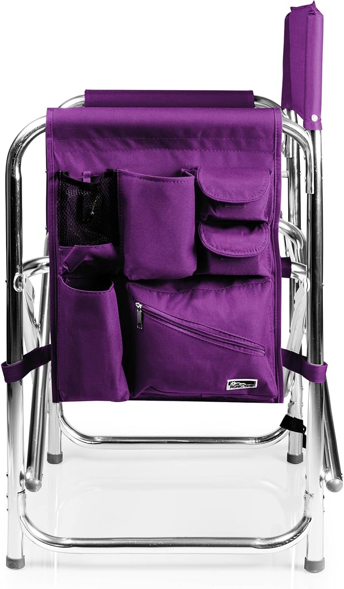 PICNIC TIME Sports Chair with Side Table and Armrest Caddy, Lightweight Aluminum Folding Outdoor Camping Chair for Adults, Portable Director Style Lawn Seating with Pockets & Carry Strap, (Purple)