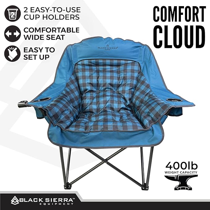 Black Sierra Oversized Camping Chair for Adults – 400 lb Heavy Duty Folding Chair with Cup Holders & Carry Bag