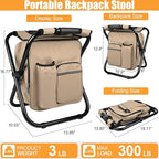 Kikerike Backpack Stool Cooler Chair Heavy Duty 300 LBS Max Load Portable Lightweight Stool Backpack Folding Fishing Cooler Seat for Camping Hunting Fishing - Sand