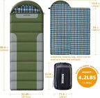 Cotton Flannel Lined Sleeping Bag for Adults Teens Kids, Cold Weather &Warm, 3 Seasons, Lightweight Compact Camping Essentials Equipment, Hiking, Outdoor, Travel