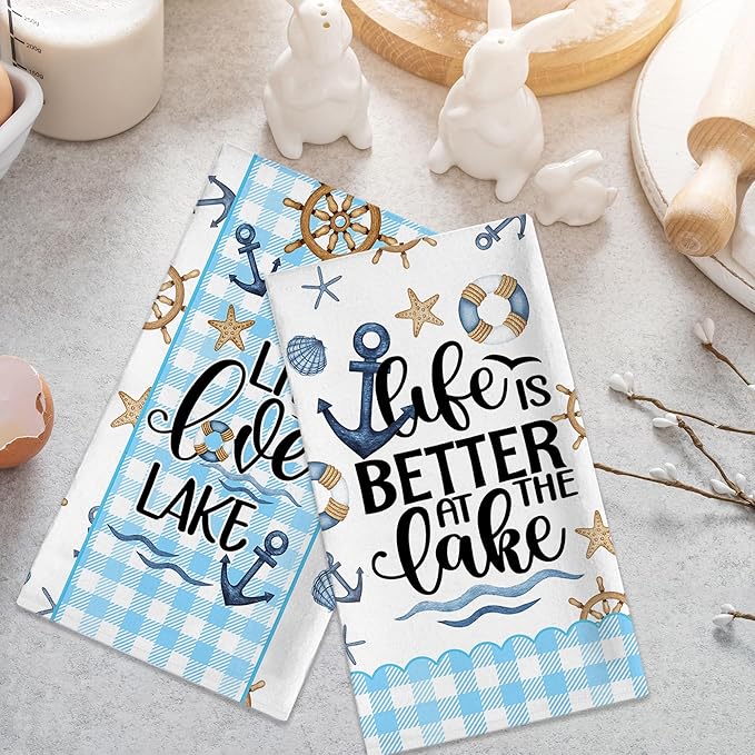 Lake House Decor, Lake House Gifts for Women, Summer Buffalo Plaid Kitchen Towels Sets 2 Pack, Life is Better at the Lake Dish Towels for Housewarming Birthday Mothers Day Christmas, 18x26 Inches