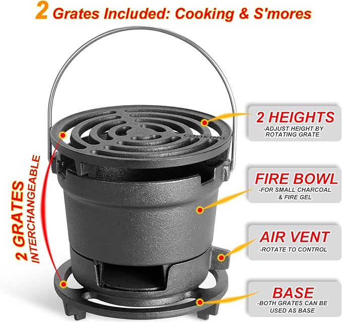 2-in-1 Hibachi Grill Outdoor, Pre-Seasoned Cast Iron, Tabletop MINI Portable Charcoal Grill for Camping - w/Draft Door, 2PCS Grates 6.3"