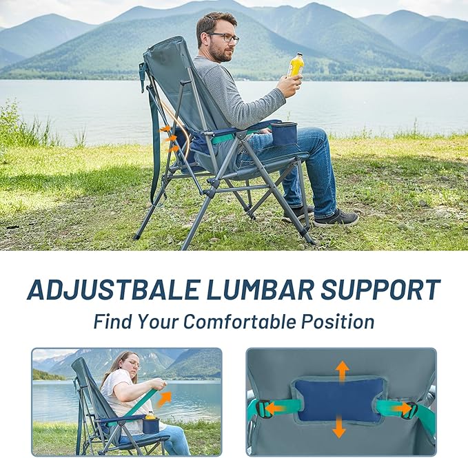 TIMBER RIDGE Oversized Camping Chair with Lumbar Support, Portable Folding Chair Heavy Duty for Adults Supports 450 LBS for Outdoor Camping, Lawn, with High Back, Cup Holder, Side Pocket - Blue, 2Pack