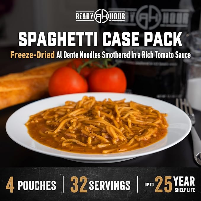 Ready Hour Spaghetti Case Pack (32 Servings), Freeze-Dried Spaghetti Pasta, Emergency Entrées, Survival Food, Real Non-Perishable, Long-Term Storage, 25-Year Shelf Life