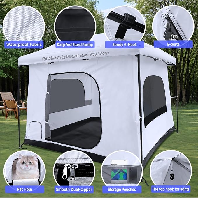 Joramoy Camping Cube for 10×10 Pop Up Canopy, Converts Straight Leg Canopy into Camping Inner Tent, Portable Vented Cube Tent with Full Floor(Frame/Top NOT Included)