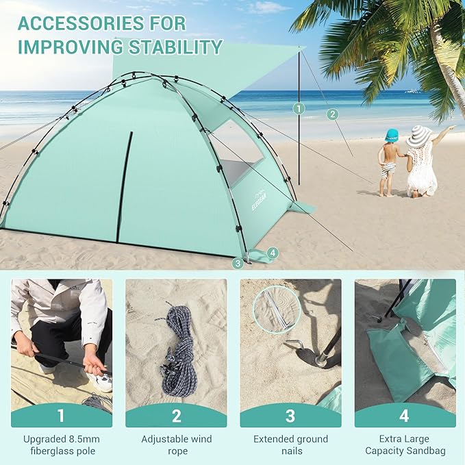 Elegear CumbreX™ Beach Tent Sun Shelter with Canopy, 6-8 Person Pop Up Beach Tent, Easy Setup UPF 50+ UV Protection Portable Lightweight Double Silver Coating Cabana Sun Shade Shelter - Green