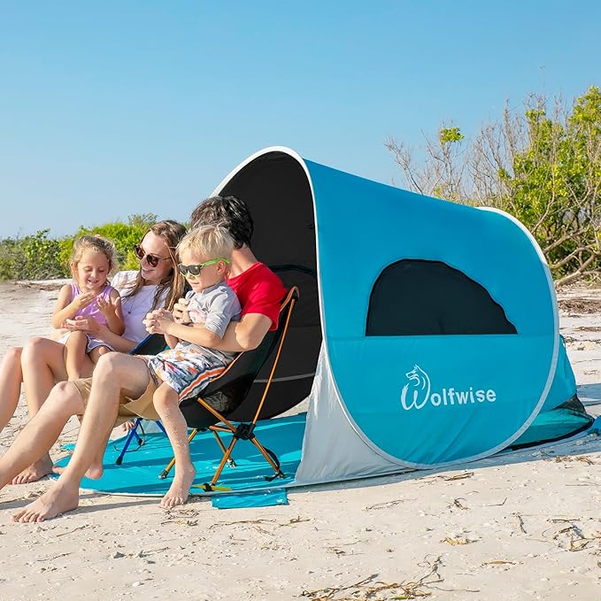 Wolfwise Pop up Beach Tent Sun Shelter with UPF50+ UV Protection, Instant Easy Setup Popup Beach Shade Canopy for 3 Person, Portable & Foldable with Carring Bag, 87 ×57×47 in, Black Coating