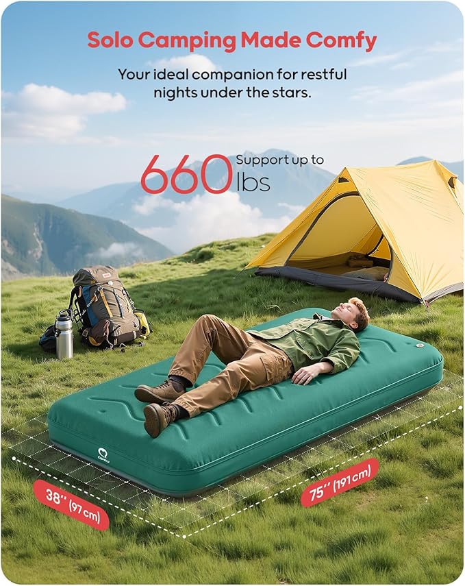QPAU Twin Size Air Mattress Camping Pad – 9” Thick R8–10 Insulated Inflatable Mattress with Foam Comfort & Foot Pump, Twin Air Mattress for Camping, Road Trips, and Home Guests