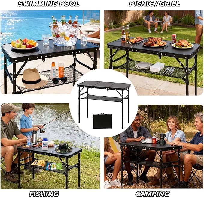 Folding Picnic Table with Storage Net, Matte Black Aluminum Folding Table 35" x 16", Adjustable Height Max 27.5", Lightweight Portable for Camping Travel Grill Indoor