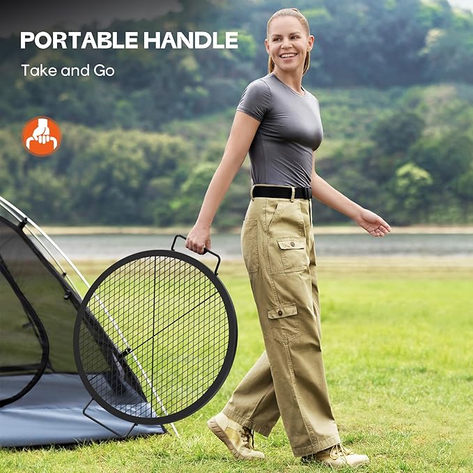 onlyfire Round Fire Pit Grill Grate, Heavy-Duty Steel Cooking Grate with X-Marks Design, Portable Campfire Grill for Outdoor BBQ, Camping, Picnics - 24 Inch