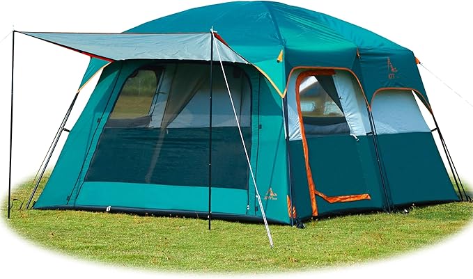 KTT Large Tent 6-8-10 Person,Family Cabin Tents,2 Rooms,2 Doors and 4 Windows with Mesh,Straight Wall,Waterproof,Double Layer,Big Tents for Outdoor,Picnic,Camping,Family Gathering