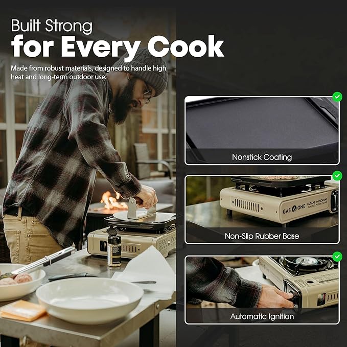 GasOne GS-3400P-KIT Propane or Butane Gas Stove with Flat Top Griddle Included – Dual Fuel Propane Grill Tent Stove Burners for Cooking for Camping, Kitchen – Diecast Aluminum with Non Stick Coating