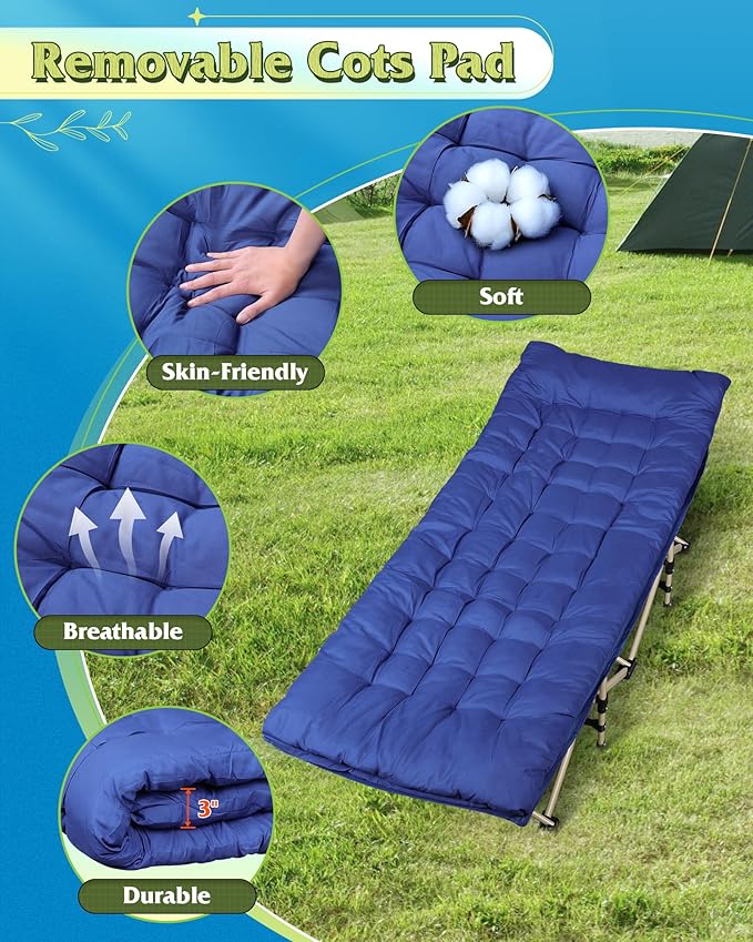 WLIVE 1200D Double Layer Oxford Camping Cots for Adults, Portable Camping Cot Bed with Mattress for Sleeping, Outdoor Folding Bed with Carry Bag for Resting, Camping, Dark Blue
