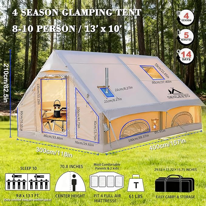 8/10/12 Person Large Inflatable Tents for Camping, 4 Season Blow Up Tents with Canopy/Rainfly, Luxury Inflatable Tent House with Stove Jack, Easy Setup Inflatable Camping Tent.