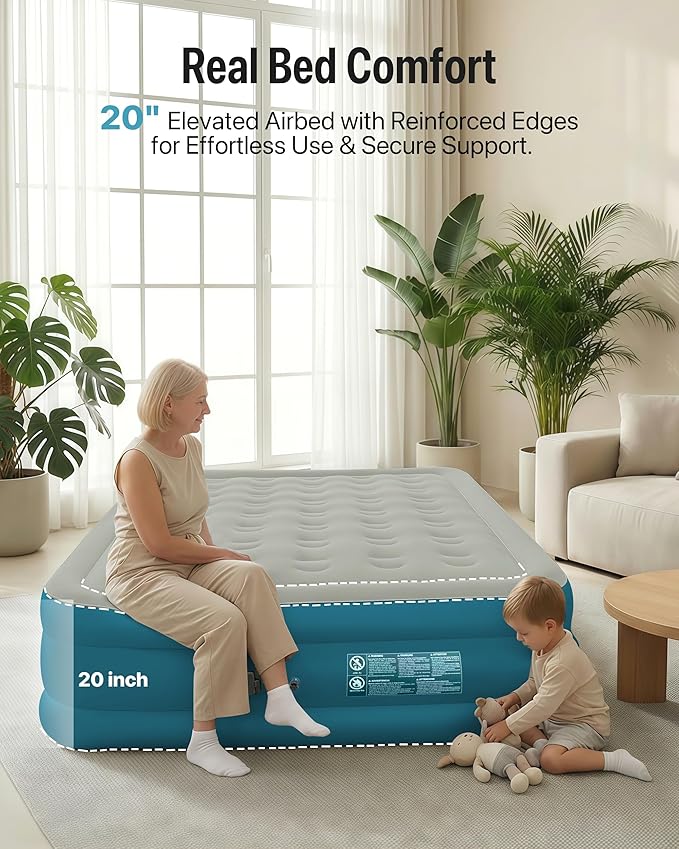 JEASONG Queen Air Mattress with Built-in Rechargeable Battery Pump & Headboard, 20 Inch Elevated Airbed Blow Up Mattress, 700 lbs Inflatable Mattress, Portable Air Bed Blow Up Bed for Home & Camping
