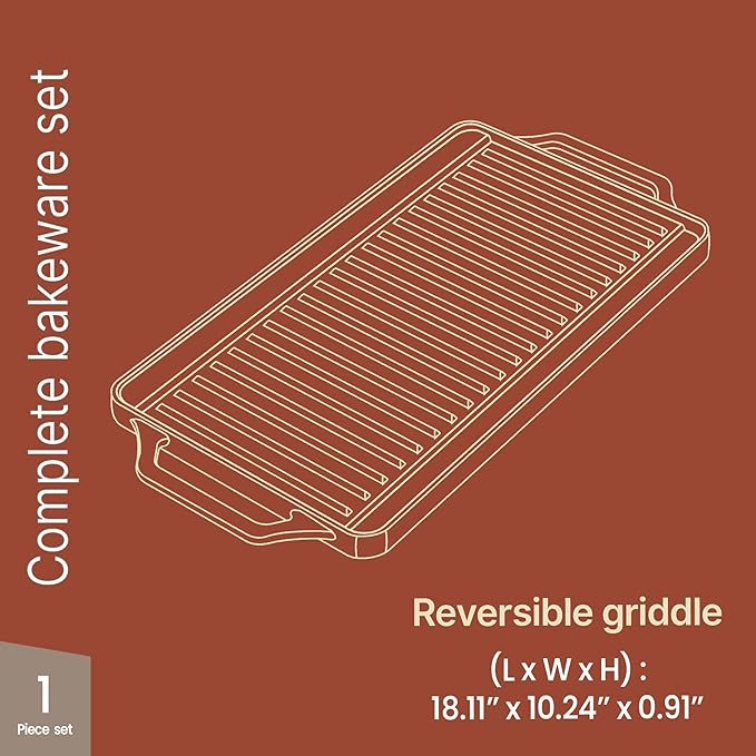 Bakken 18” Reversible Cast Iron Griddle, Flat & Grill Side, Dual Burner Cooking Plate for Pancakes, Meats & Veggies, Pre-Seasoned, Nonstick, Oven & Campfire Safe, Heavy-Duty Griddle Top with Mitt