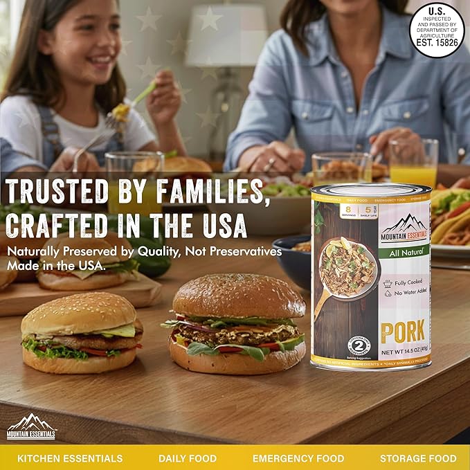 MOUNTAIN ESSENTIALS Canned Pork 14.5 oz – Fully Cooked, Ready to Eat – Pantry Staple Meat for Everyday Meals, Premium Emergency Survival, Bulk Food Storage, Camping, Hiking & Quick Meals – 5-Year Shelf Life – Made in USA – Gluten Free, No Carbs Pack of 24