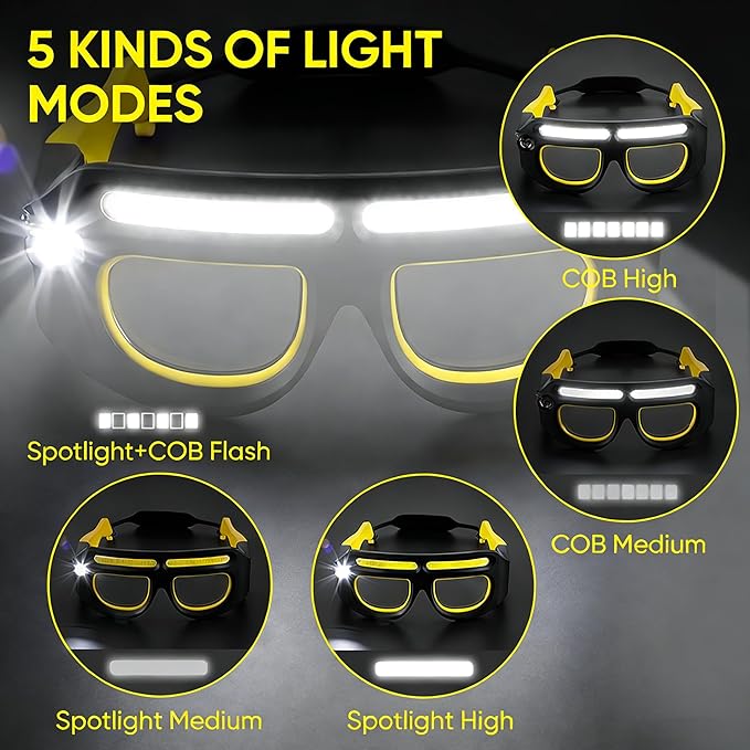 LED Rechargeable Headlight Glasses with Motion Sensor & Touch Control, Safety Glasses with Lights 5 Modes USB C Light Up Glasses for Outdoor Running Camping Hiking Work (Yellow-1)