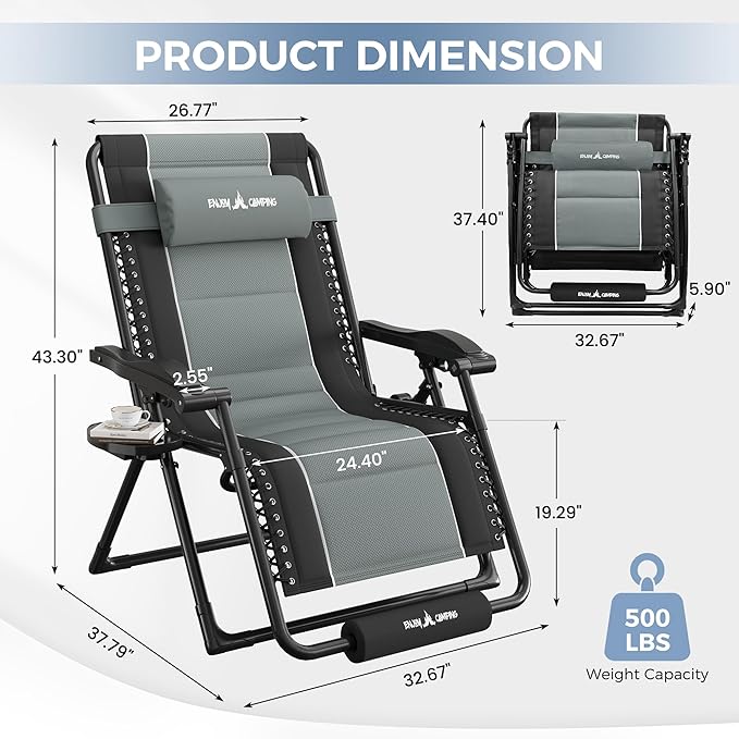 UDPATIO Oversized Zero Gravity Chair, Outdoor Full Padded Recliner, Patio Folding Adjustable Reclining Seat with Cup Holder, Footrest & Headrest for Camping Indoor, 500LBS Support,Black/Gray,33in