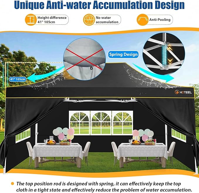HOTEEL 10x15 Heavy Duty Pop up Canopy Tent for Parties with 4 Sidewalls, Easy Setup Outdoor Commercial Instant Gazebo for Wedding Event, with Roller Bag & Sand Bags, Black(Hexagonal Frame)