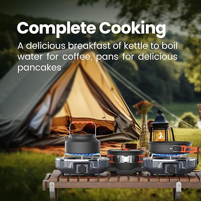 20,000 BTUs Propane 2 Burner Camping Stove Kit with Camping Cookware Overland Grey