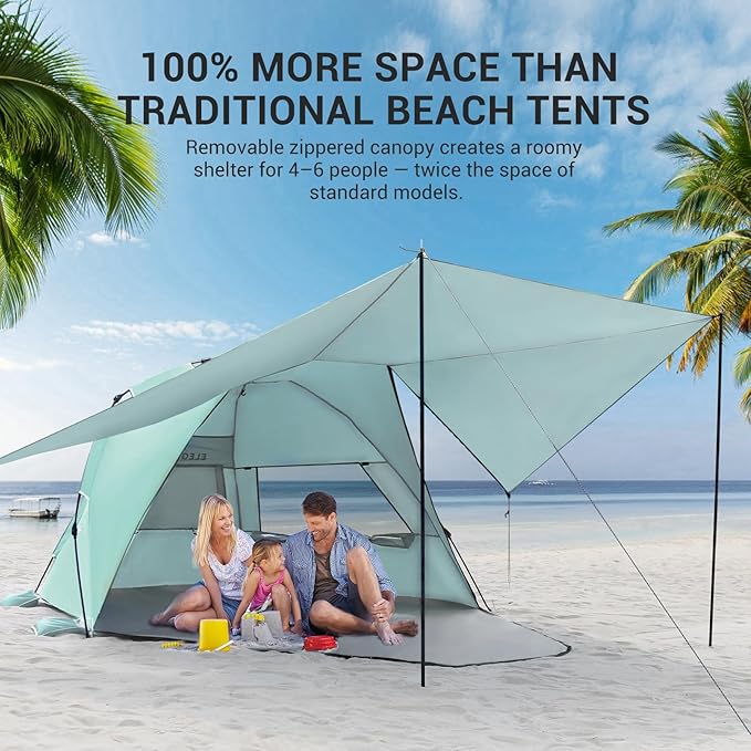 Elegear Beach Tent with Canopy, 1-Second Setup Pop Up Sun Shelter Shade, UPF 50+ UV Protection Silver-Coated Lightweight Portable Beach Cabana