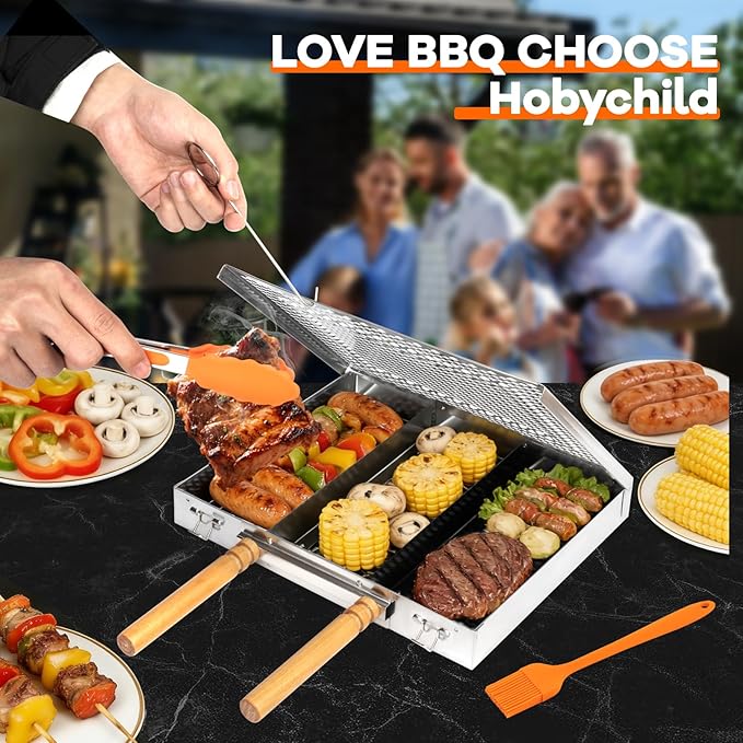 Grill Basket Set,Removable Wooden Handle,BBQ Vegetable Basket with Easy Open Lid,Food tongs,oil brush,Smoker Grilling Accessories for fish,Outdoor Cooking Camping, Birthday Gifts for Men Dad Husband