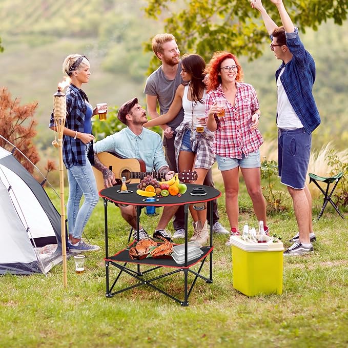 SUPER DEAL Portable Folding Picnic Camping Table with Storage Bag and 4 Cupholders, 2-Tiers Round Outdoor Camping Beach Table, Black
