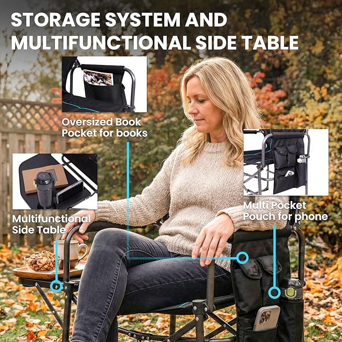 FUNDANGO Oversized Folding Chairs for Outside, Fully Padded Camping Director Chair for Adults, Support 450lbs Portable lawn chairs with Side Table, Side Pockets for outdoor Camp, Picnic, Lawn, Concert