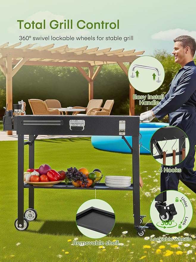 FOHERE Folding Grill Cart for Blackstone 16-28 Inch Griddle, Portable Outdoor BBQ Prep Table with Wheels & Paper Towel Holder, Stand for Camping, Patio, Tailgating