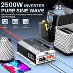 2500W Pure Sine Wave RV Inverter with Built-in ATS, 12V DC to 110V/120V AC Converter, 5000W Peak, Shore Power Automatic Bypass, 2 AC Outlets, USB & Type-C, LCD Remote Control