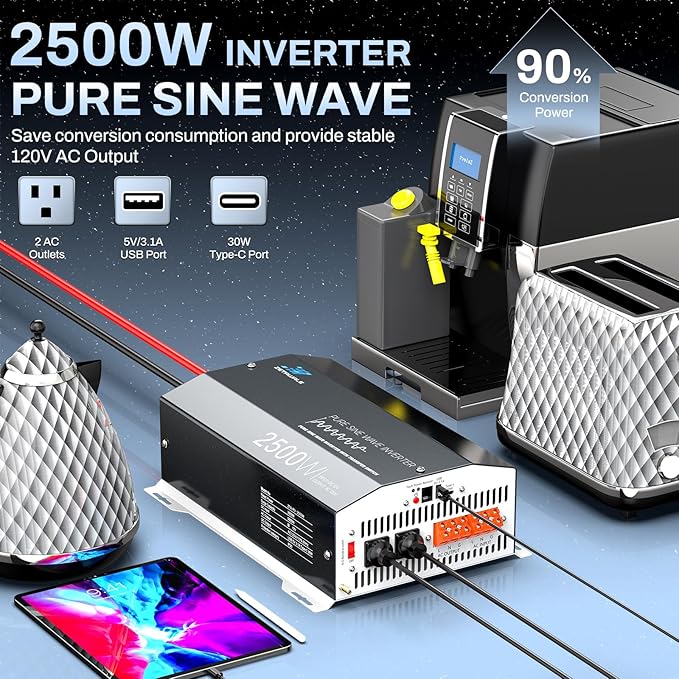 2500W Pure Sine Wave RV Inverter with Built-in ATS, 12V DC to 110V/120V AC Converter, 5000W Peak, Shore Power Automatic Bypass, 2 AC Outlets, USB & Type-C, LCD Remote Control