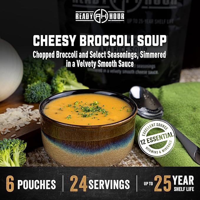 Ready Hour Cheesy Broccoli & Rice Soup Case Pack – Freeze-Dried Soup, Emergency Food, Long-Term Storage, Instant Survival Meals, Prepper Pantry, Prepared Meals, Ready to Eat – 24 Servings (6 Pouches)