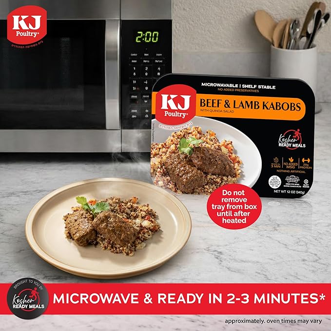 KJ Poultry Kosher Ready Meals - Beef Lamb Kabob & Quinoa, MRE Meat Meals Ready to Eat (6 Pack) Prepared Entree Fully Cooked, Shelf Stable Microwave Dinner Travel, Military, Camping, Emergency Survival